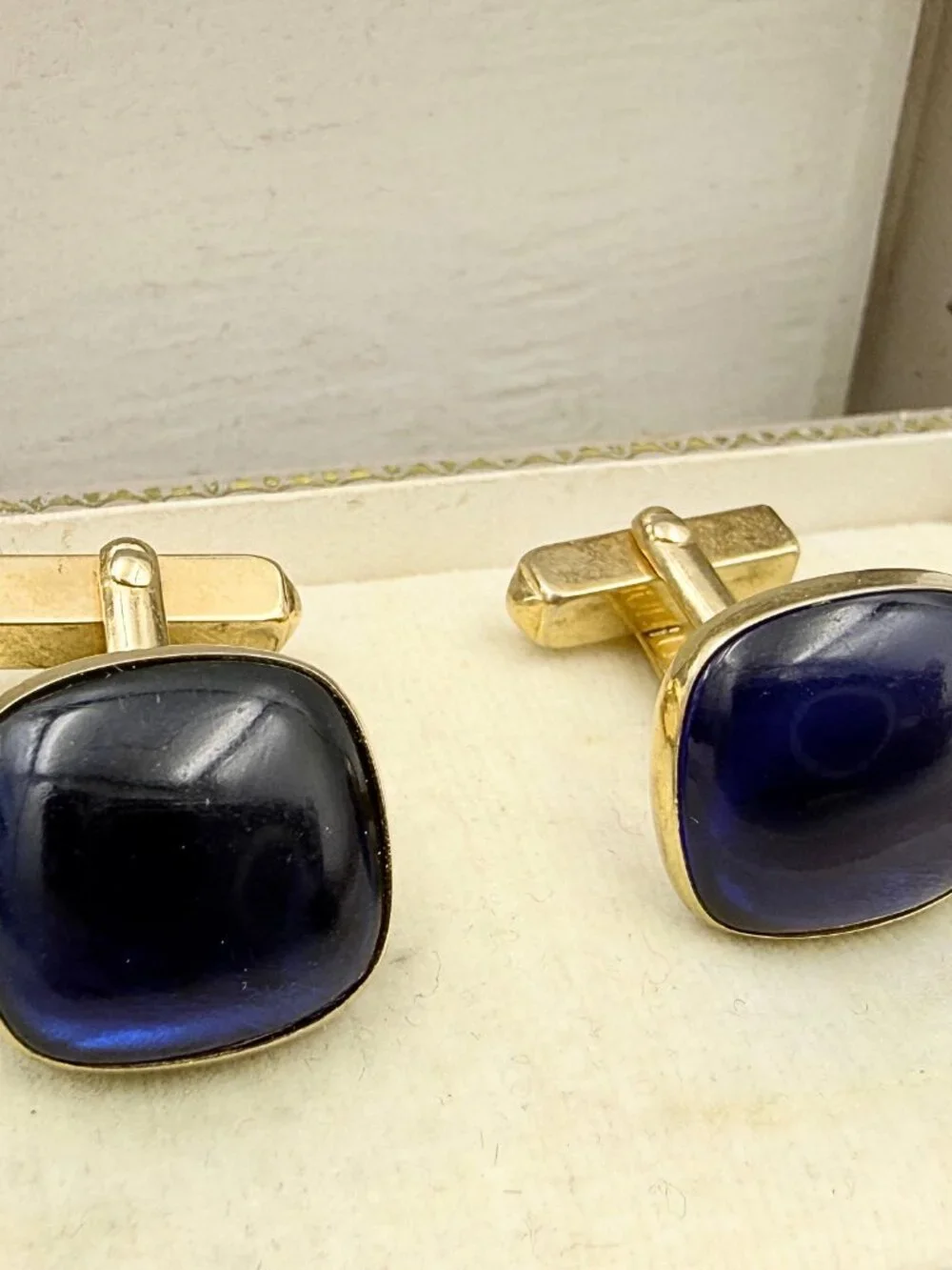 Antique Art Deco Swank Signed Cushion Cut Blue Glass MCM Minimalist Cufflinks